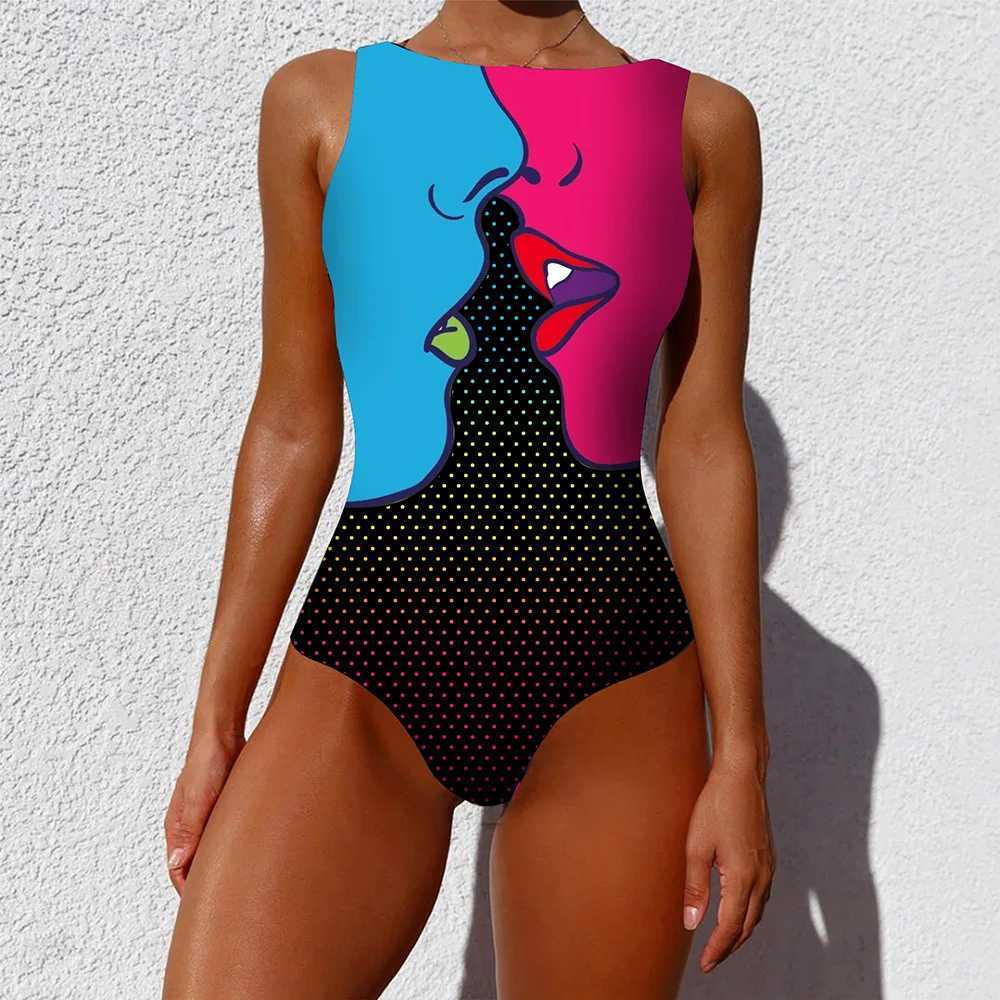 Swim Wear 2024 Ny tryckt baddräkt i ett stycke Klassiskt tryckt snörning Swimsuit Womens Push Up Flower One-Piece Suit Beach Wear for Female 240423