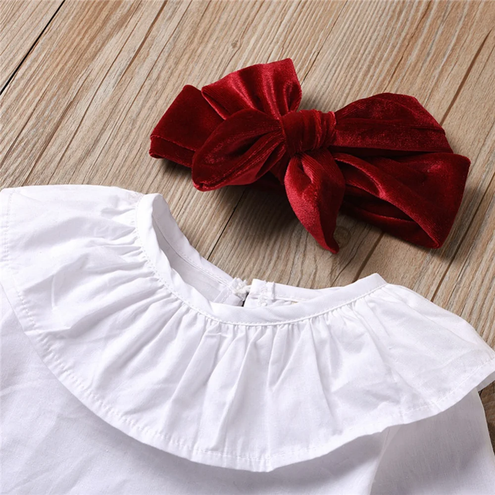 Set Baywell Spring Autumn Infant Baby Girl Cloods Collar Top a manica lunga+gonna a tutela in velluto rosso+fascia 024m