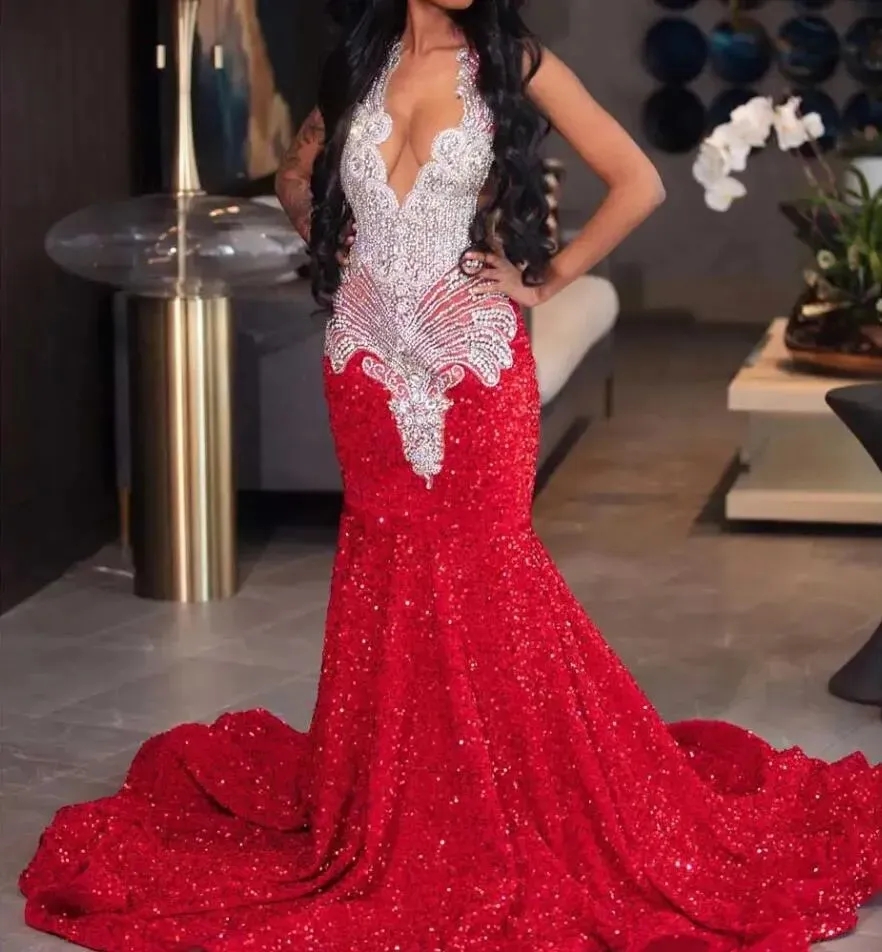 Sparkly Red Sequin Mermaid Prom Dresses 2024 Luxury Silver Crystal Beaded Sheer Neck Long Formal Party Evening Gowns for Black Girls