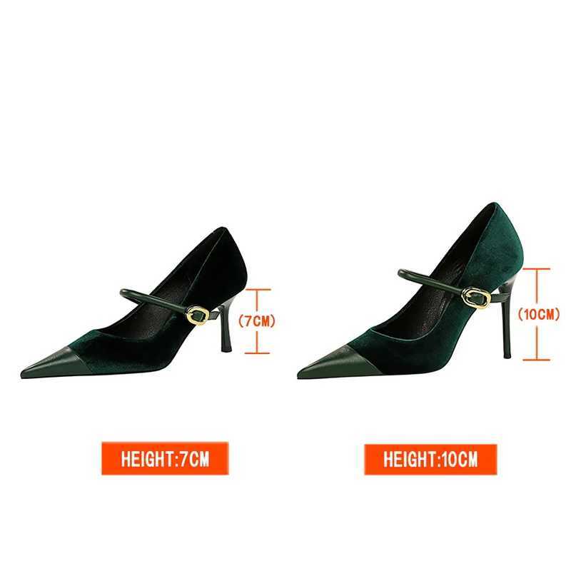 Sukienka buty koreańskie impreza 10 cm 7 cm wysokie obcasy kobiety cienki aksamitny płytki montaż spiczaste palce metalowe pompy klamry jednoladowej H240423
