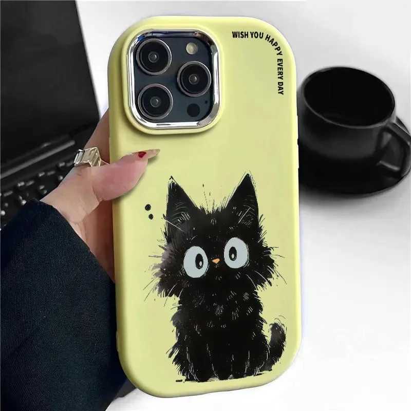 Téléphone portable Brochers Hairy Cat Metal Lens Circle Candy TPU TPU Soft Phone Case pour iPhone 15 Plus 14 Pro Max 7 8 plus 12 13 Pro 11 x XS Max XR SE 2020 Y240423