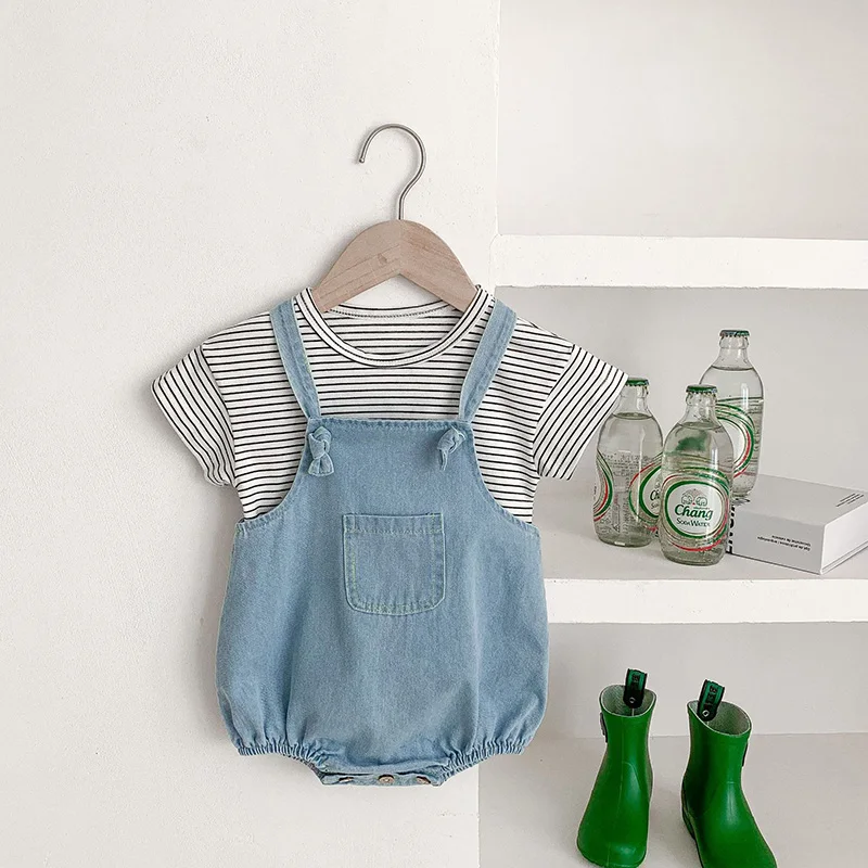 Conjunto Milancel 2022 Summer Baby Clothing Set Listed Tee e Denim Bodysuit Baby Garoth Garoth Set Criança Girls Tee Conjunto