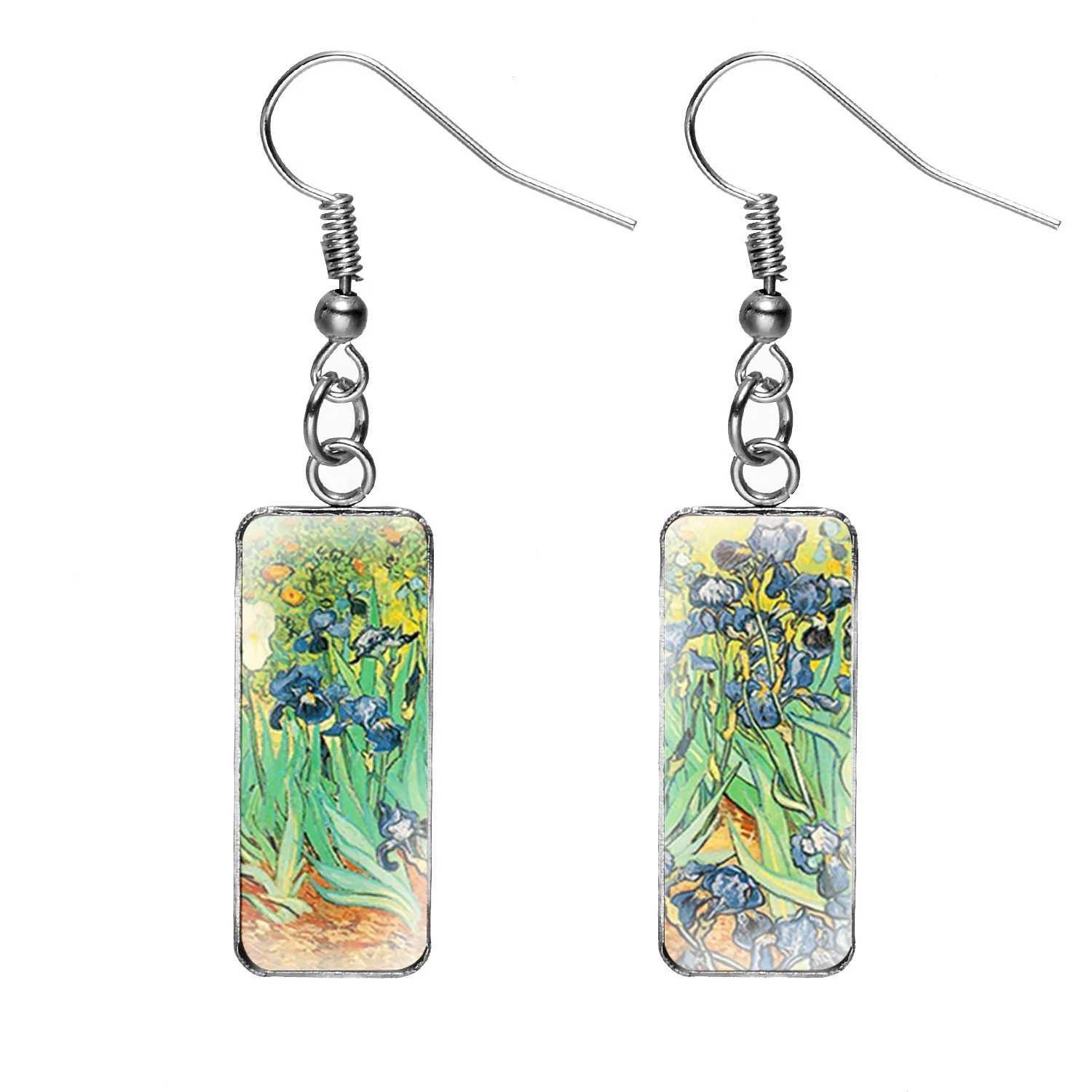 Dangle Kronleuchter kreativer Van Gogh Sternennacht Sonnenblumenölmalerei Rechteck Ohrringe Glassropfen Ohrringe Edelstahl Damen Schmuck D240323