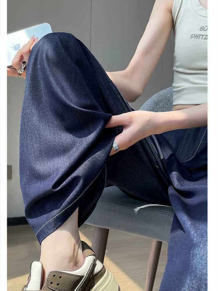 Women's Jeans Womens Solid Color Denim Blue Thin Pants Summer New Fashion Commuter Casual Loose Bottom Female Loose Wide Leg Trousers Y240422