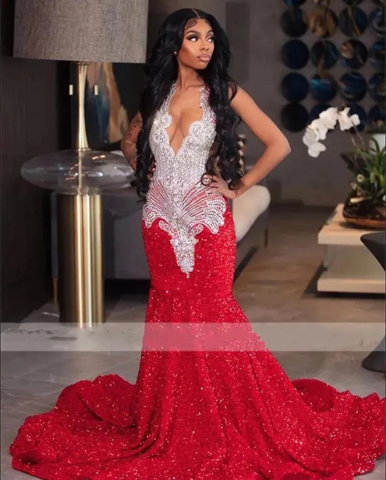 Sparkly Red Sequin Mermaid Prom Dresses 2024 Luxury Silver Crystal Beaded Sheer Neck Long Formal Party Evening Gowns for Black Girls