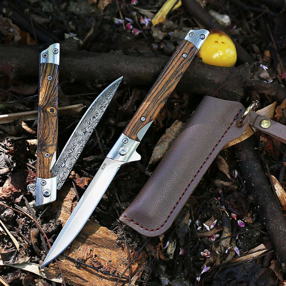 Damascene Outdoor vouwmes mes camping overleving mes hoge hardheid draagbare mini mes jagen visgordel lederen kast