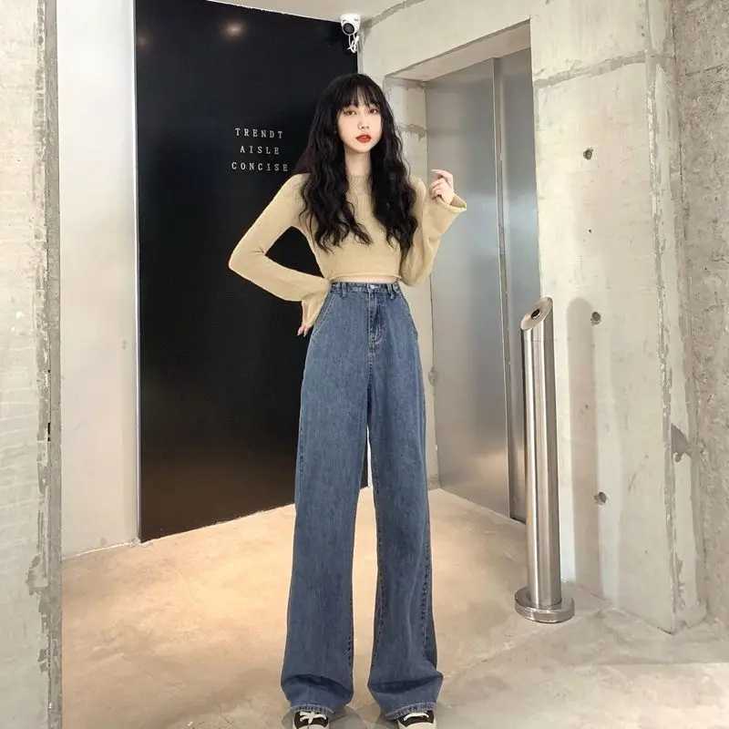 Women's Jeans New Light Blue Jeans For Women Washed Retro High Waist Straight Long Loose Wide Leg Jeans Women trousers strtwear pants Y240422