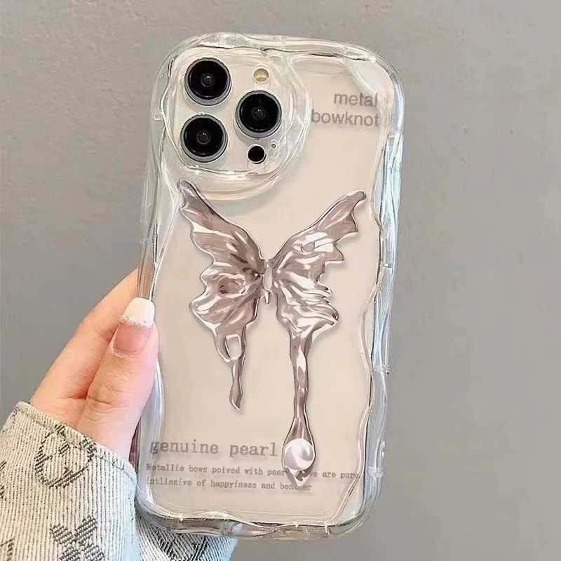 Bumpers de téléphone portable pour iPhone 11 Pro Max 14 13 Mini 12 Pro XS MAX 7 8 plus Se Metal Metal Bowknot Butterfly Wave TPU Soft Téléphone Affiche Affiche Y240423