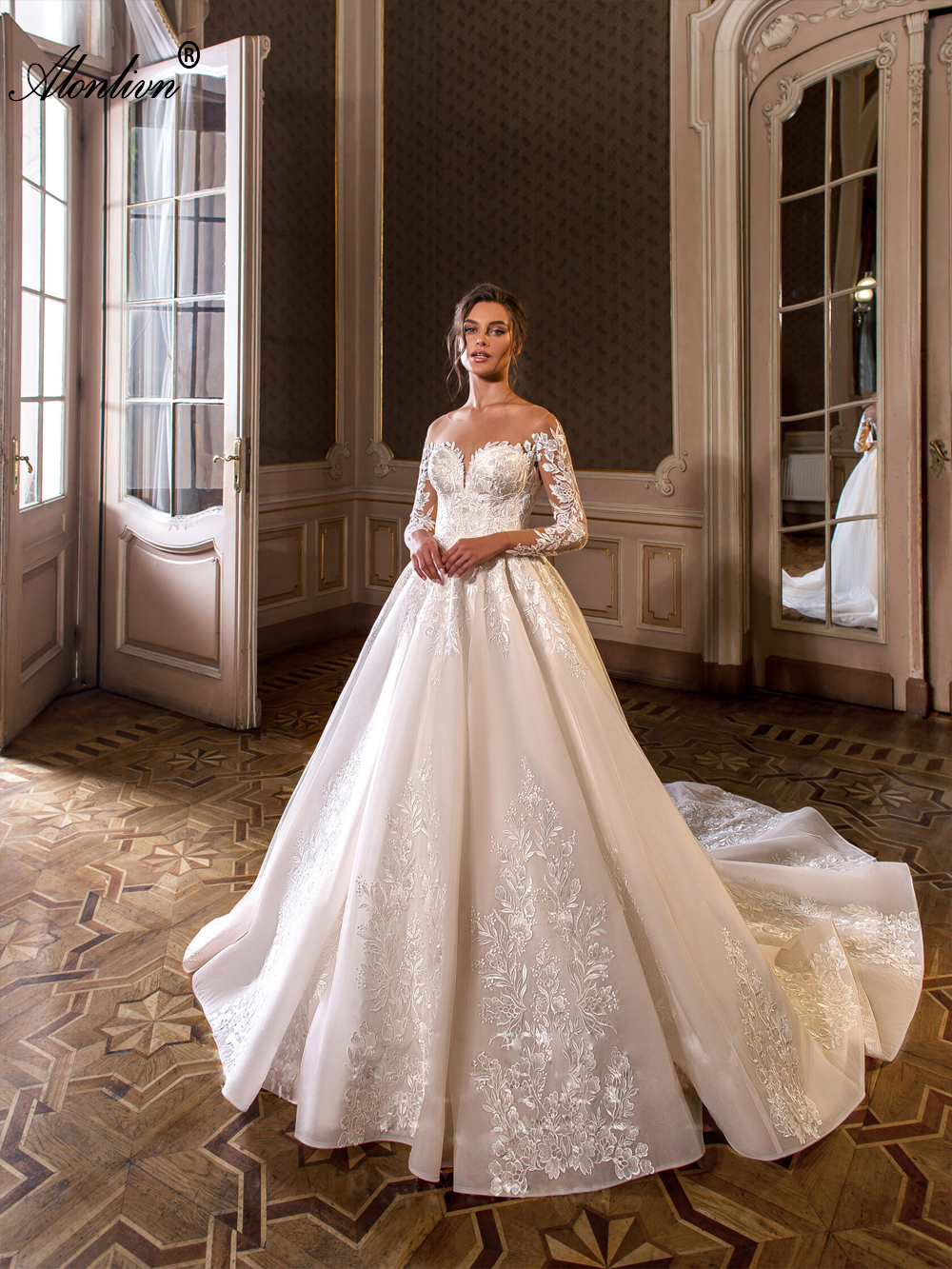 Prachtige appliques kant pure nek a-line trouwjurk kralen bloemen met bloemenpatronen prinses bruidsjurken geborduurd met meerlagige delicate tulle