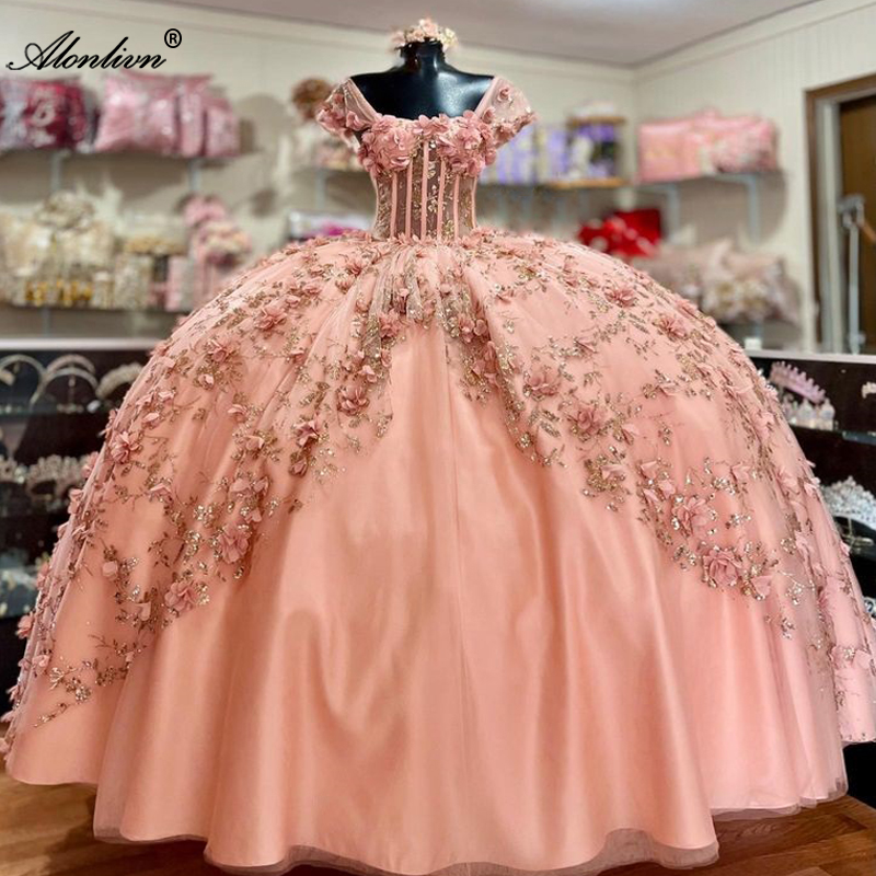 2024 Vintage Beaded 3D Flowers Embroidery Appliques Puffy Ball Gown Quinceanera Dresses Chapel Train Short Sleeves Evening Dresses Party Pageant Birthday Gowns