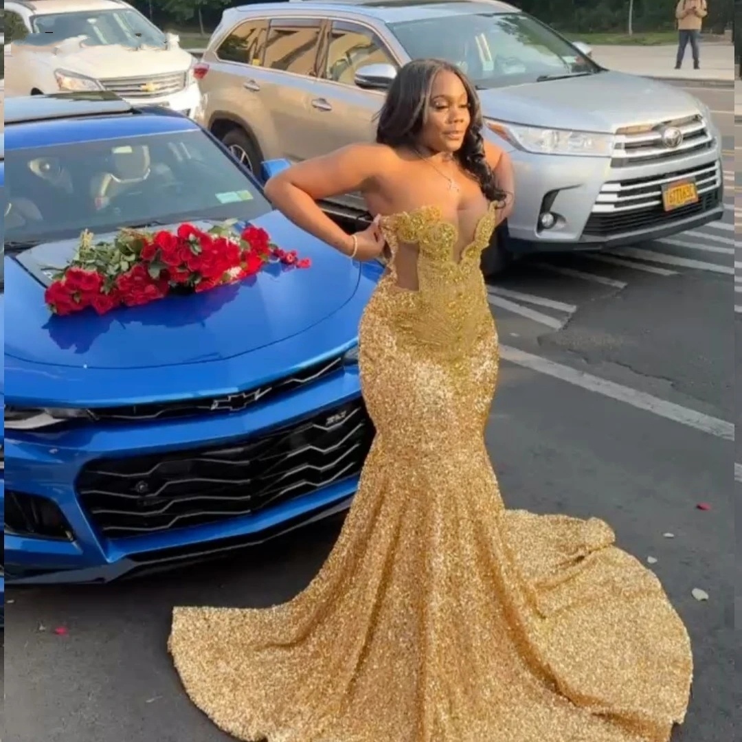 Gold Sequins Mermaid Prom Dress 2024 For Black Girls Crystal Rhinestone Beaded Party Gala Gown Robe De Soiree