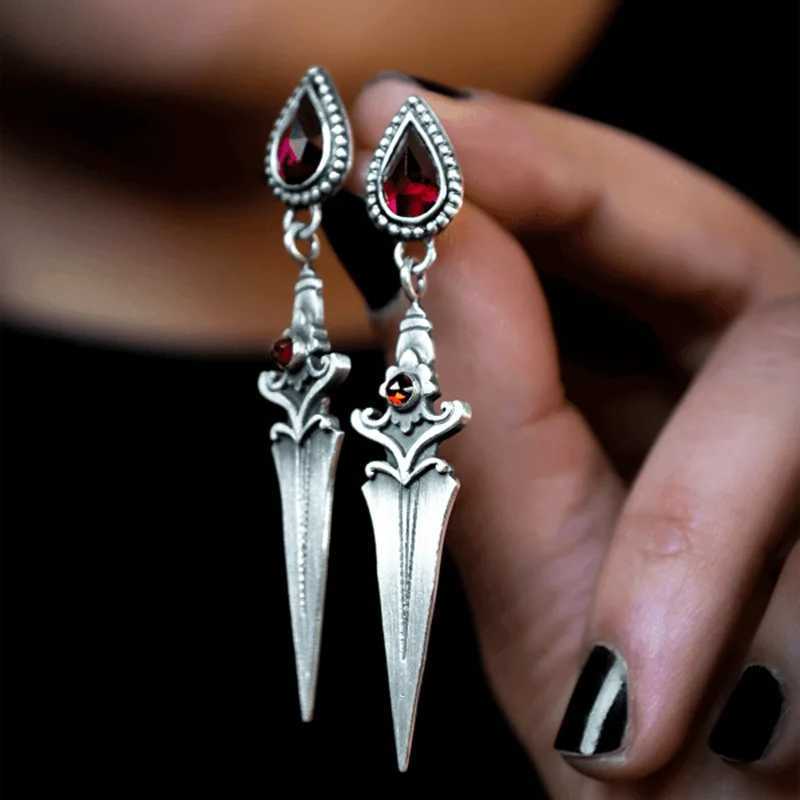 Charm Vintage Medieval Gothic Sword Drop Earrings for Women New Water Drop Red Stone Dangle Earring Piercing Ear Halloween Accessories Y240423