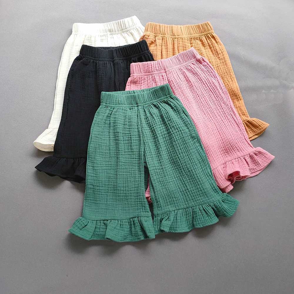 Trousers Spring Summer Korean Kid Baby Breathable Cotton Yarn Ruffle Capris Pants Casual Girl Wide Leg Girls Shorts Pink Beige H240423