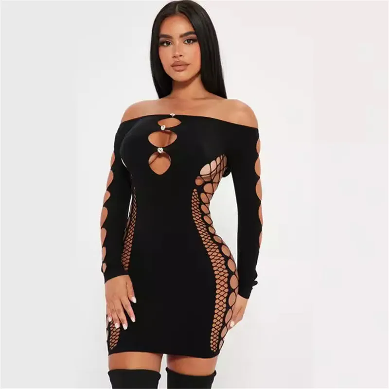 NEW Designer Sexy Hollow Out Dress Women Off Shoulder Mini Dresses Summer Bodycon Mesh See Through Dress Night Club Wear Wholesale Clothes 10980