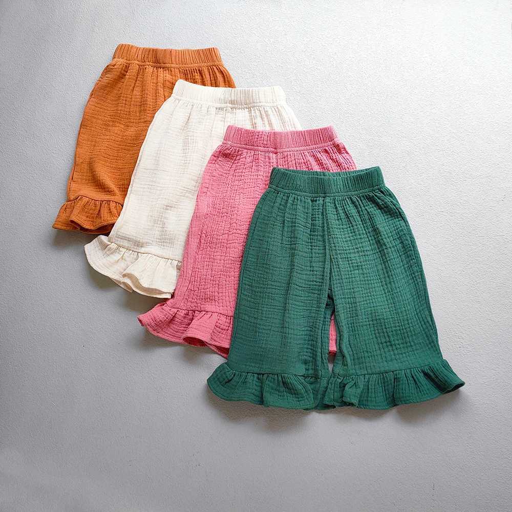 Trousers Childrens Clothing Girls Cotton Ruffled Flared Pants Summer Solid Color Casual Shorts Kids Baby Loose Ankle-Length H240423