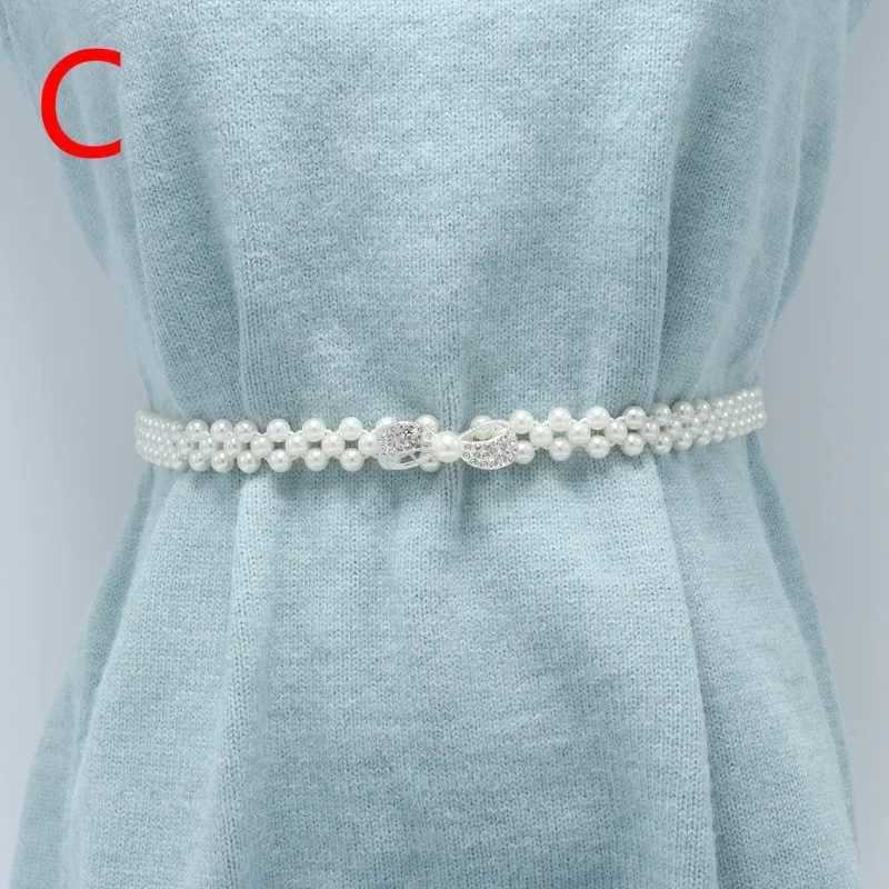 Waist Chain Belts Womens Pearl Waist Chain Korean Edition Water Diamond Pearl Decoration Belt Fashionable and Sweet Elegant Dress Elastic Belt