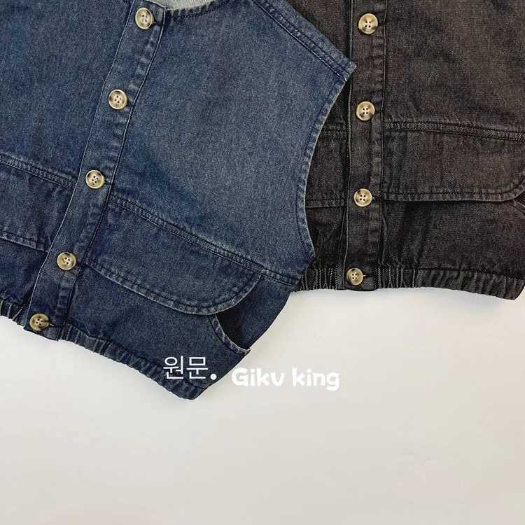 Weste 2024 Frühling Neue Kinder Jungen ärmellose Denim Weste Kinder Casual Pocket Jacket Baby Girls Solid Strickjacken 1-6-jährige Kinder Kleidung H240423