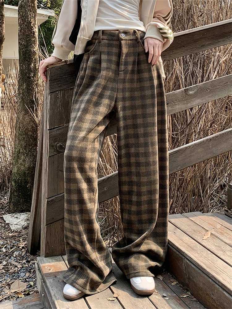 Women's Jeans Womens Vintage Plaid Casual Thin Pants Strt Chic Retro Style Young Girl Wide-leg Bottoms Female High Waist Straight Trousers Y240422