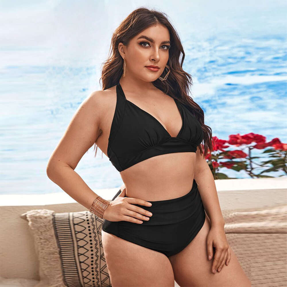 New Big Chest Fat Lady Large Split Solid Bikini High Waist Swimsuit for Women