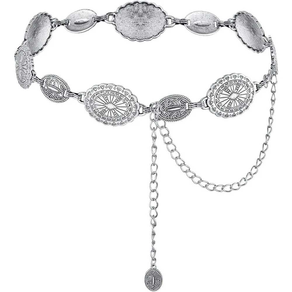 Ceintures de chaîne de taille ceinture de taille en métal pour femmes occidentales cow-girl ajusté concho argent