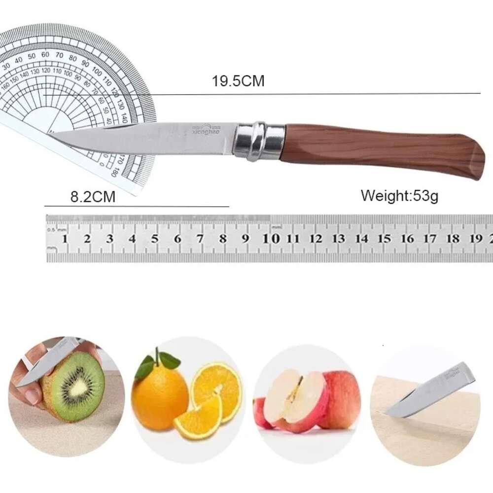 Rostfritt stål fällbart fruktkniv, EDC bärbar fickkniv, självförsvarskniv, trähandtagkökstillbehör, grillkniv