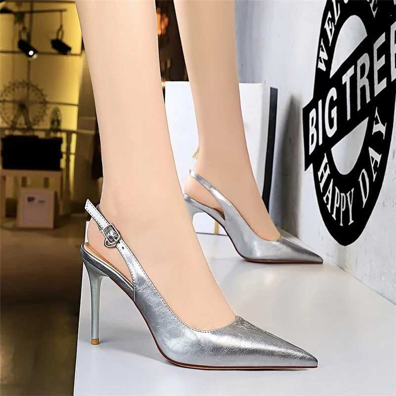 Klädskor kvinnor 9,5 cm höga klackar silver sandaler dam glansig läder gul slingback sandle stilett bröllop brud mules h240423