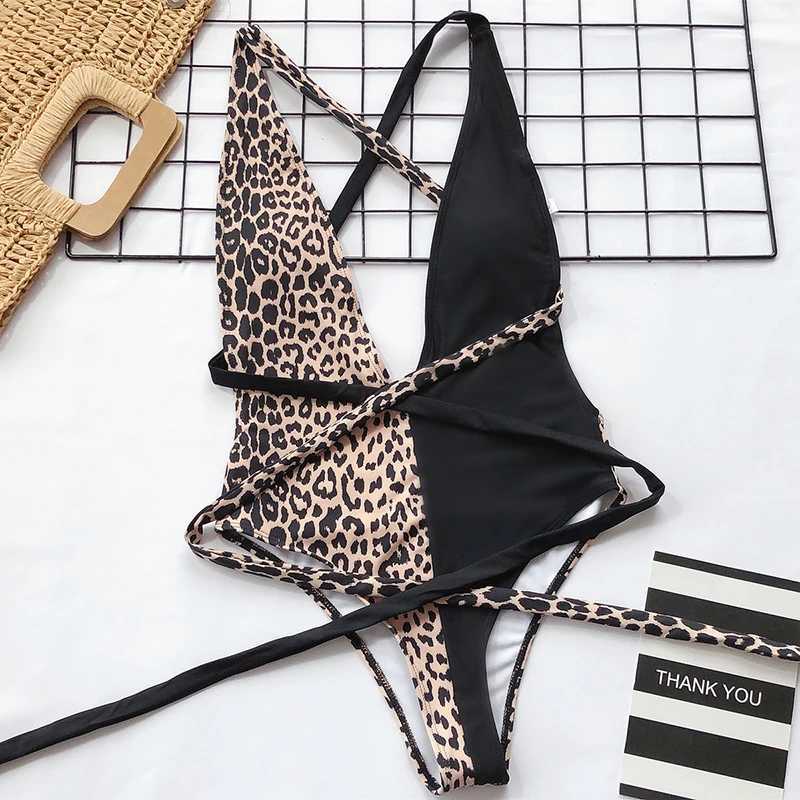 Swim Wear Backless One Piece Swimsuit Bandage Swimswear 2023 Femmes V Décolleté High Cut Monokini Swim Pink Leopard Animal Print Bathing Costume 240423