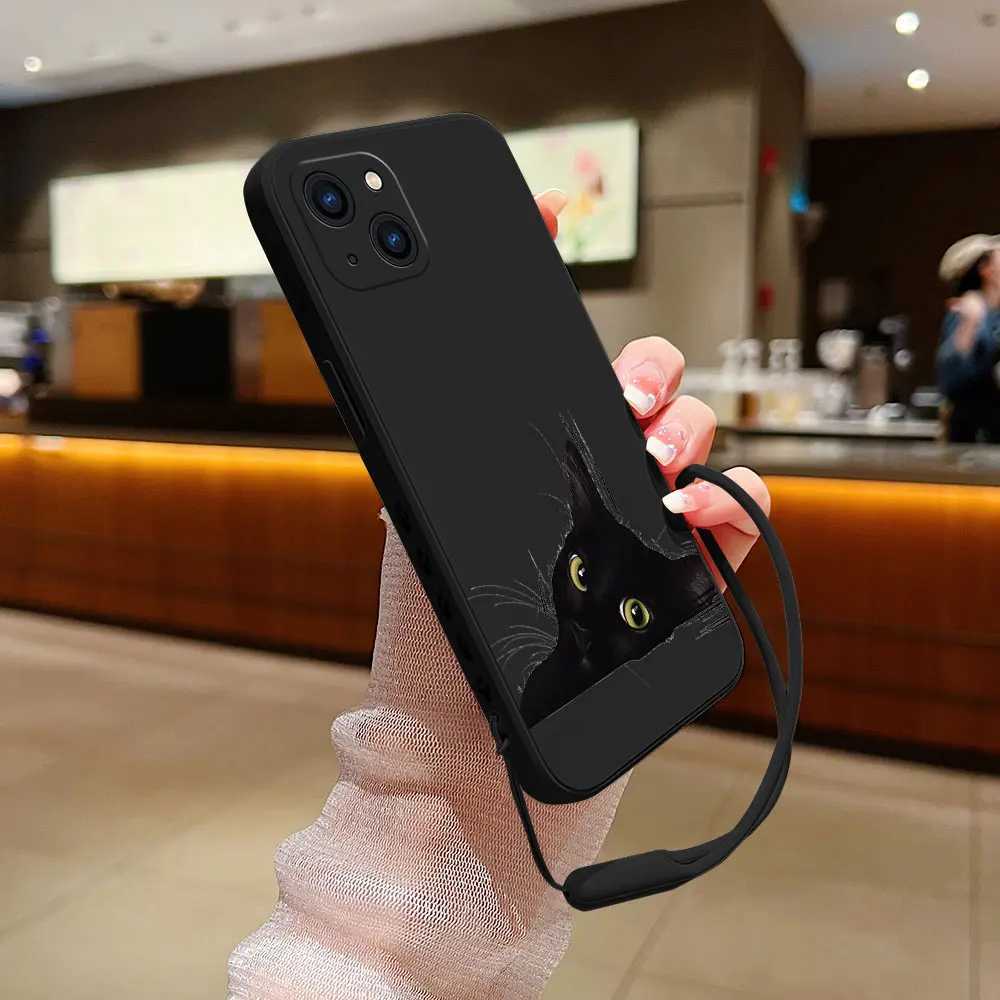 Mobiltelefonstötfångare svart katttecknad modefodral för OnePlus Nord 3 2 9R 9 8T 8 7 7T Pro 6 5G Liquid Silicone Cover med handband Y240423