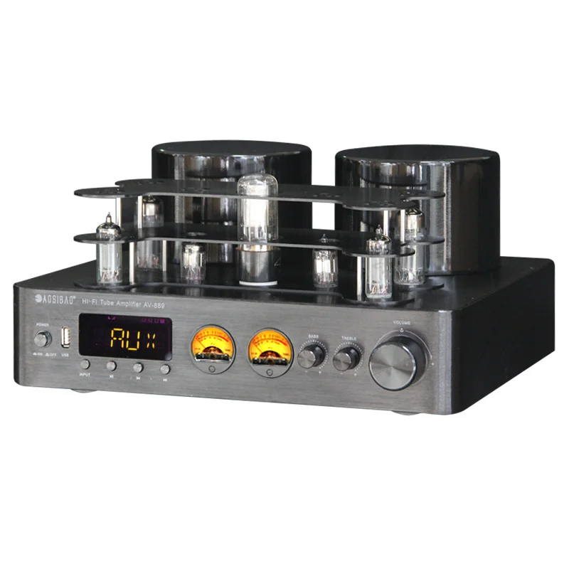 Förstärkare senaste AOSIBAO AV889 200W*2 Bluetooth 5.0 HIFI VACUUM TUBE USB HighPower Fever Tube Amplifier Vacuum Tube Retro Hemförstärkare