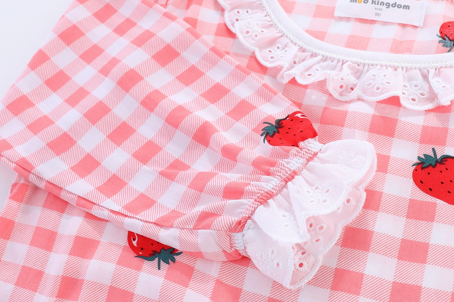 Gewaden Mudkingdom Strawberry Slank Baby Girl Pyjama Set Summer Plaid Sweet en Lovely Pyjama Suit met Lace Cuffs Toddler Sleepwear