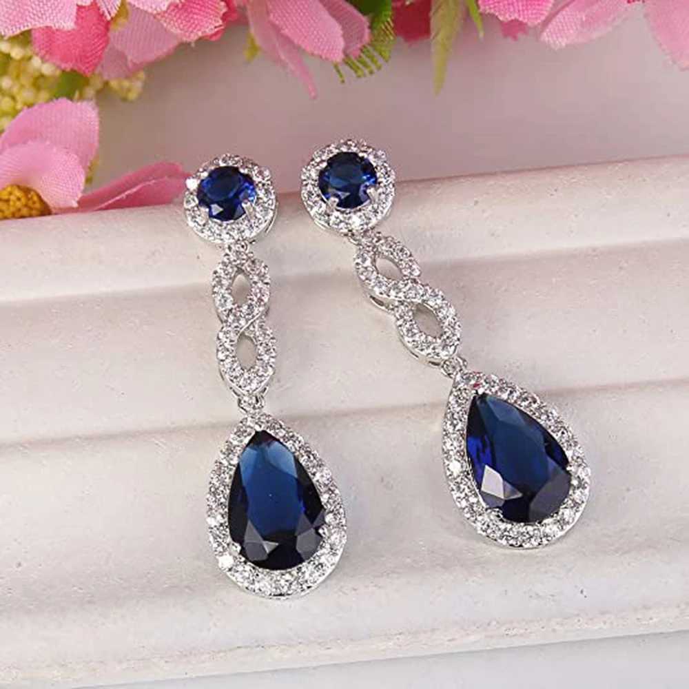 Dangle Chandelier Huitan Temperament Blue Cubic Zirconia Long Hanging Earrings for Women Luxury Elegant Bride Wedding Party Earrings New Jewelry d240323