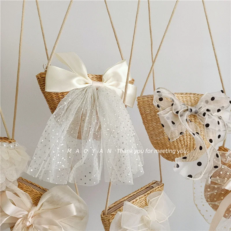 Accesorios Baby Girls Fashion Mesh Bowknot Bag Straw Photography Props de bolsillo para niños Bolsas