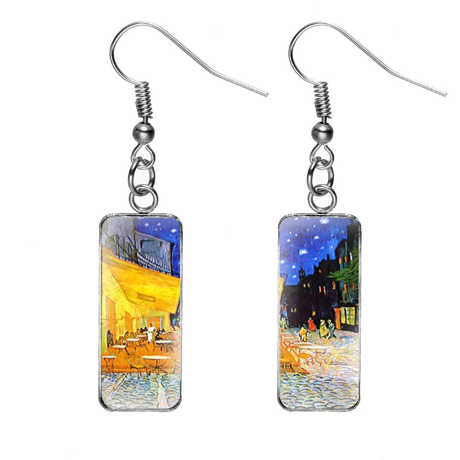 Dangle Kronleuchter kreativer Van Gogh Sternennacht Sonnenblumenölmalerei Rechteck Ohrringe Glassropfen Ohrringe Edelstahl Damen Schmuck D240323