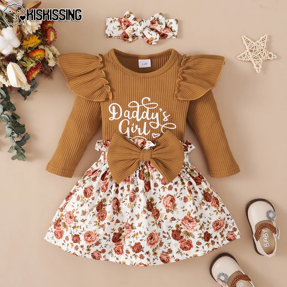 Sets kiskissing pasgeboren babymeisjes romper kleding sets kind bodysuit suit jumpsuits+rok+hoofdband voorjaar herfst 3 stks baby outfits