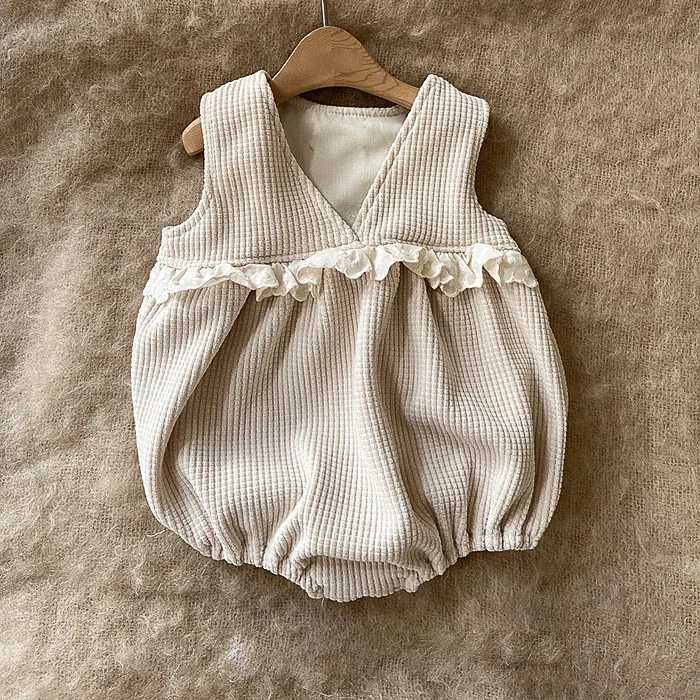 Rompers 2023 Autumn New Baby Girl Girl sem mangas Moda Moda V Onesie Vesie Recém-nascido Solid Waffle Macacão Infantil Roupas de algodão 0-24M H240423