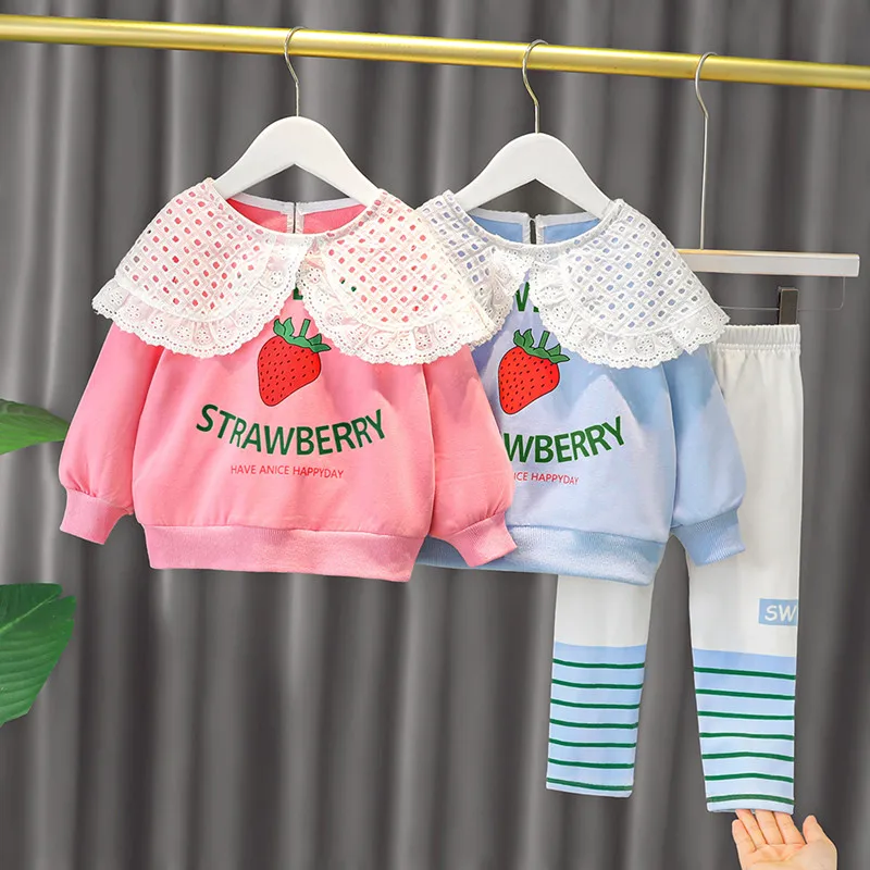 Sets Mädchen Kleidung Anzug Baby Neue Modestil Autunm Baumwollmaterial Erdbeerdrucken Langschläfe Säuglingskleidung 1 Jahre alt 22
