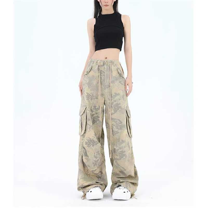 Dames jeans dames Amerikaan retro hiphop camouflagebroek strt unisex stijl vrouwelijke losse wide been drawing stropdas design vrachtbroek y240422