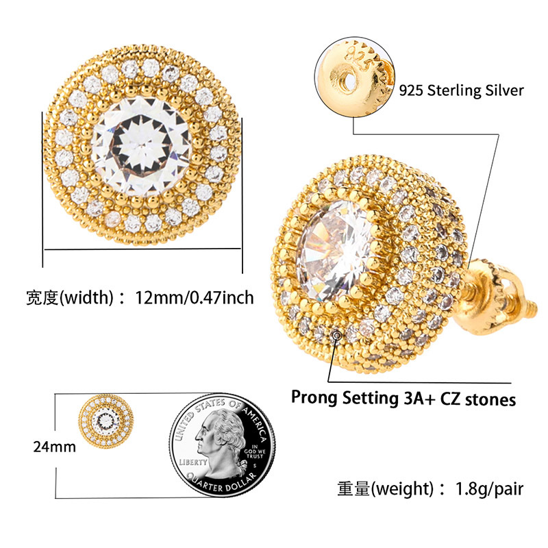 8-12mm 18k Real Gold Hip Hop Cubic Zirconia Round Stud Earrings for Men and Women Micro Set CZ Stone Iced Out Diamond Earring Studs Punk Rock Rapper Jewelry Gifts