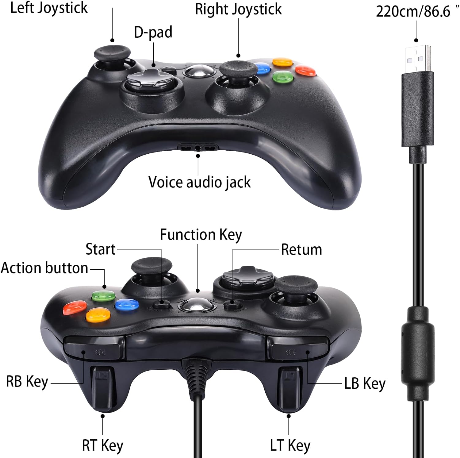 Xbox 360 용 Finera Wired Controller, 게임 컨트롤러 USB 유선 게임 패드 Microsoft Xbox 360/360 Slim/PC Windows Gaming Gaming Gaming Gaming Gaming Gaming Gaming Gaming Gaming Gaming Gaming Gamepad는 이중 진동