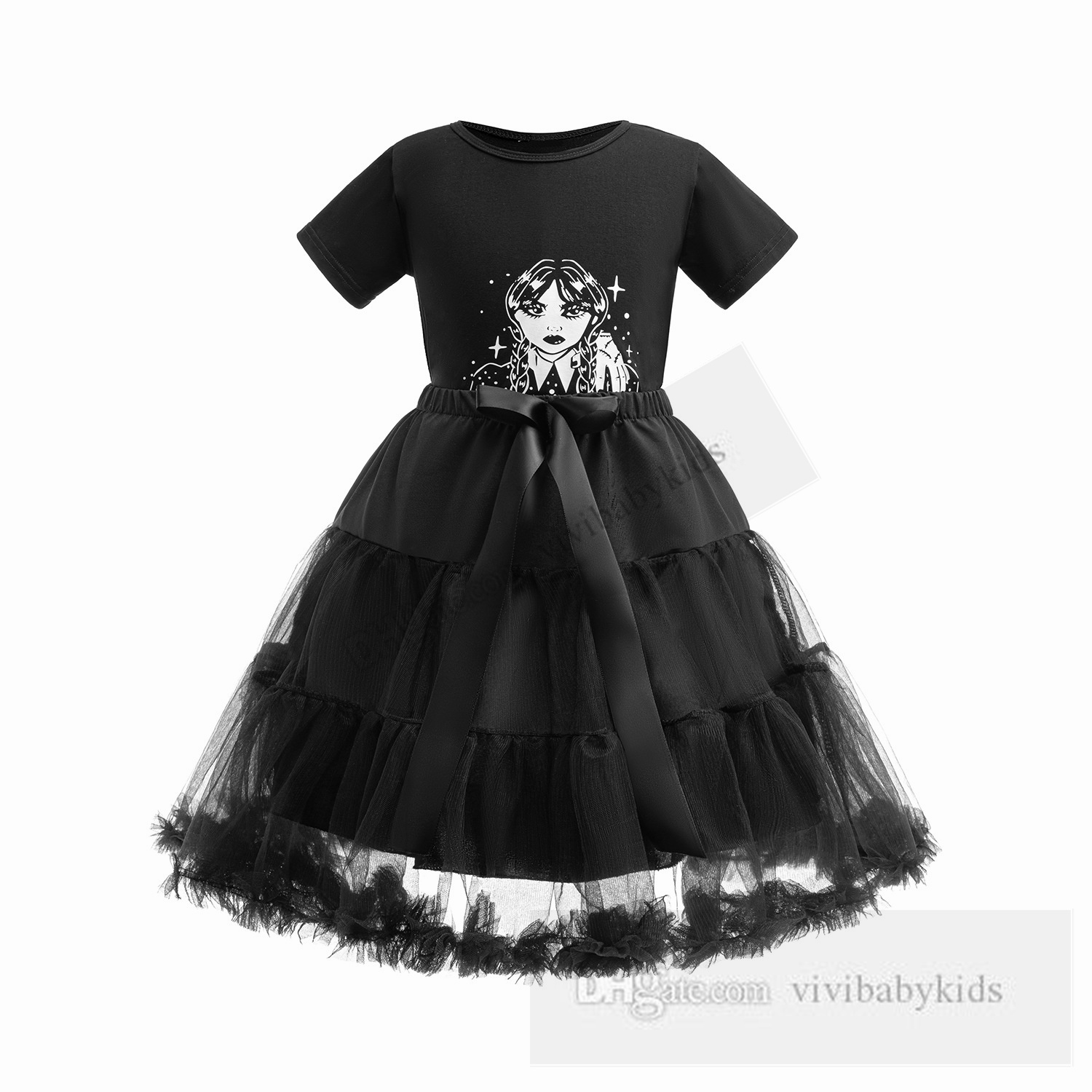 Black Adams cosplay sets International Children's Day Performance cosumes kids cartoon printed short sleeve T-shirt with lace tulle skirt Z7846