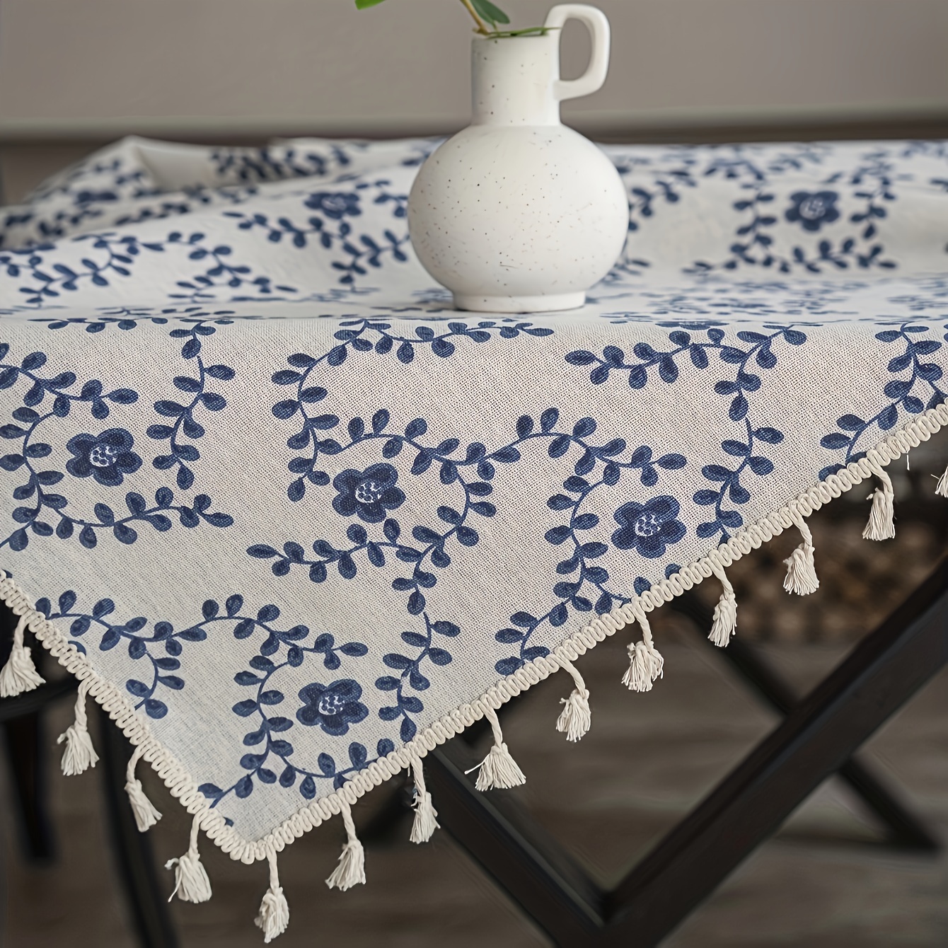 Bohemian Floral Printed Vintage Blue Tracloth, rektangelform, lämplig för festrestaurangkök café varje säsong dekorativt bordsskydd