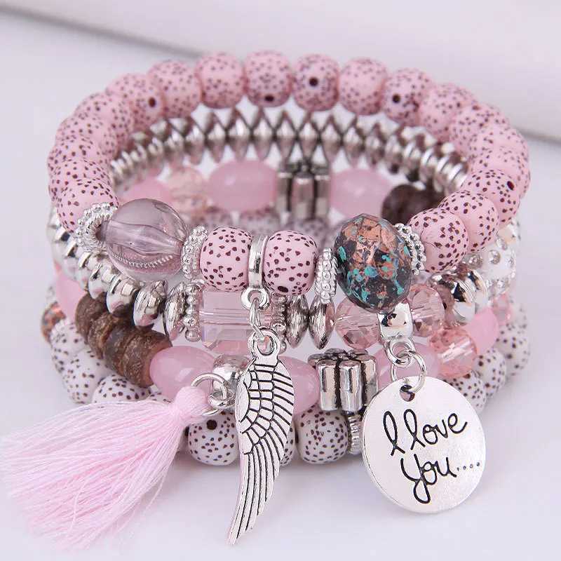 Beaded Diezi Bohemian Multicolor Pink Crystal Beads Armband Women Girls Elastic Tassel Wing Letters Rope Armband Pulseira Feminina 240423