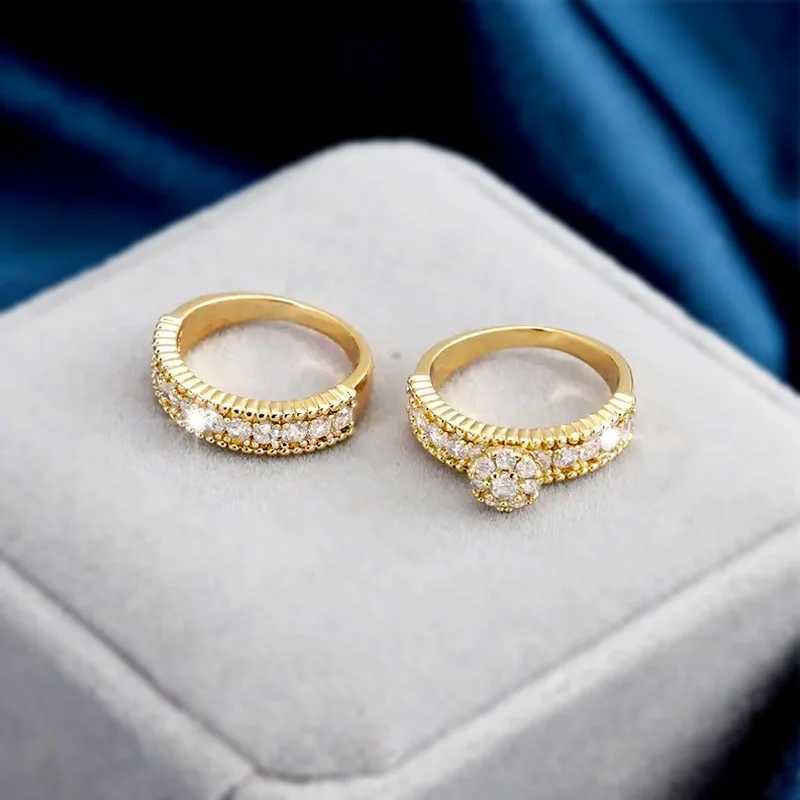 Wedding Rings Trendy Golden Color Bridal Ring Sets Female Wedding Ceremony Accessories with Bright Zirconia Fashion Luxury Jewelry