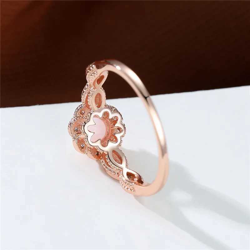 Wedding Rings Female Cute Flower Engagement Rose Gold Color Wedding Ring White Opal Round Stone Jewelry For Women