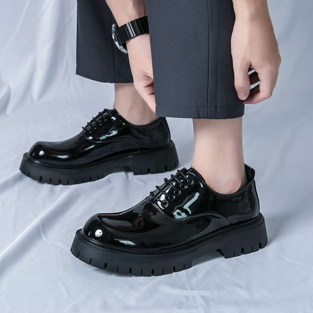 Glossy Patent Leather Retro Round-Toe Korea Style Thick Bottom Shoes Classic Formal Black Dress Oxford Office Hantera