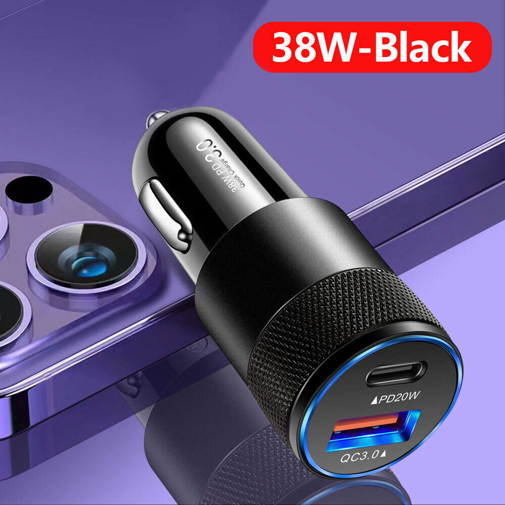 NOUVEAU 38W USB + TYPE C Small and Portable Metal Charging Aluminium Alloy Fast Car Charger pour téléphone mobile