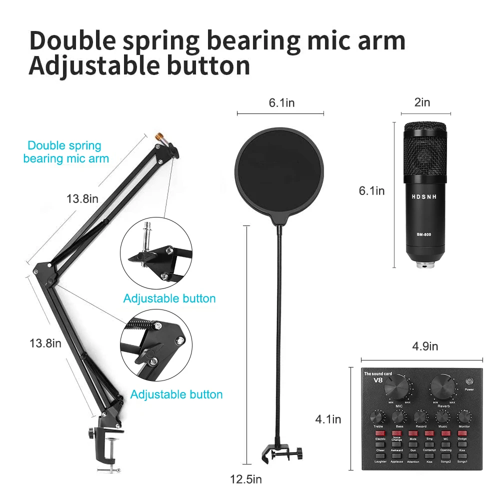 Stativ 8stBM 800 Microphone Kit för dator 10 färger med V8 Sound Card Professionnel Microfone Studio Microfono Concensador