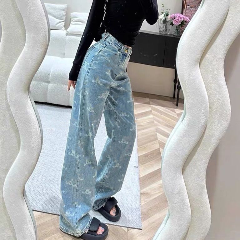 Frauen hohe Taille Logo Briefe Drucken Designer Denim Jeans lange Hosenhose SMLXL