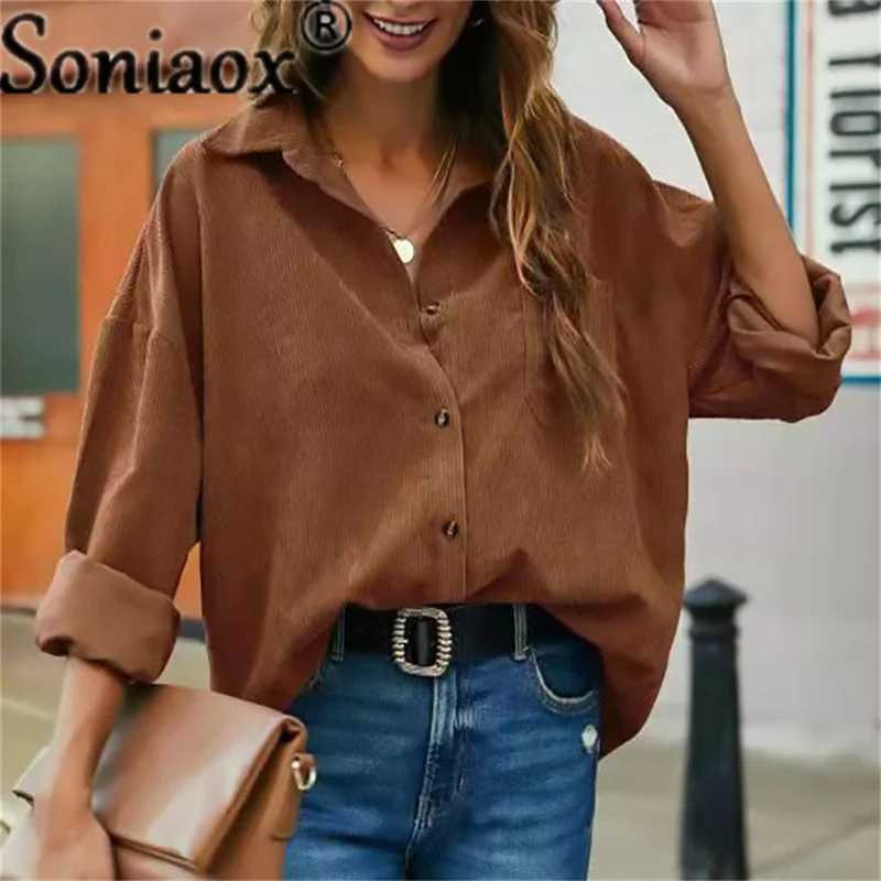 Women's T-Shirt Corduroy Shirt Women Solid Color Long Sleeve Turn-Down Collar Casual Loose Fashion Tops Ladies Streetwear Shirt Vintage Clothes 240423