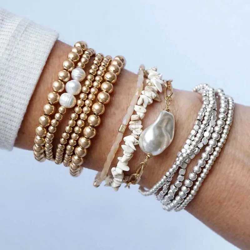 Beaded ZWPON Gold Filled Beads Pearl Charm Elastic Bangles Sets for Women Silver Color Mini Cube Beaded Bracelets Jewelry 240423